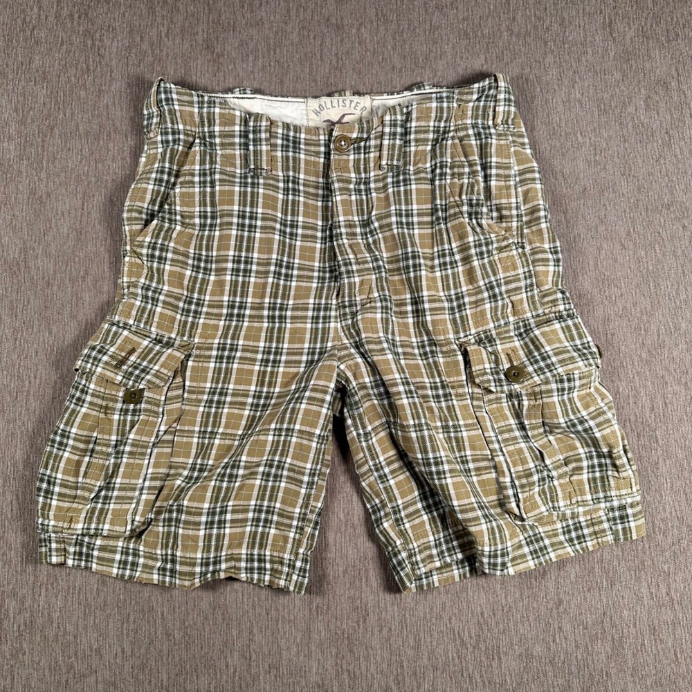 Hollister Mens Plaid Cargo Shorts Size 30 Green Brown White 100% Cotton Casual